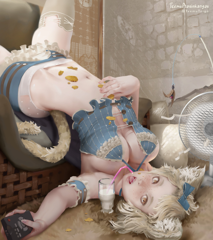1girl animal_ears arm_garter armchair artist_name bangs_pinned_back blonde_hair bow breasts brown_eyes carpet cat_ears cat_tail cat_teaser chair chips cleavage commentary controller crop_top cup cushion drinking_glass drinking_straw dripping electric_fan fangs fingernails food food_on_body foreshortening freckles frills grey_legwear hair_bow hand_on_own_stomach highres hip_bones holding indoors kisu_(teemu_rasinkangas) large_breasts long_fingernails looking_at_viewer messy midriff milk miniskirt navel no_bra open_mouth original outstretched_arms polka_dot remote_control revision silver_hair skirt sleeveless slit_pupils solo spaghetti_strap stomach strap_gap tail teemu_rasinkangas thigh-highs tongue tongue_out twitter_username upside-down