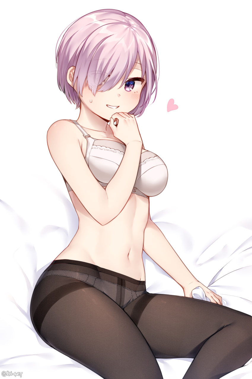 0ye 1girl bare_arms bare_shoulders bed_sheet black_legwear blush bra crotch_seam eyes_visible_through_hair fate/grand_order fate_(series) fine_fabric_emphasis hair_over_one_eye heart highres looking_at_viewer navel panties panties_under_pantyhose pantyhose parted_lips pink_hair sheet_grab shielder_(fate/grand_order) shiny shiny_hair short_hair simple_background sitting smile solo stomach sweat thighband_pantyhose twitter_username underwear violet_eyes white_background white_bra