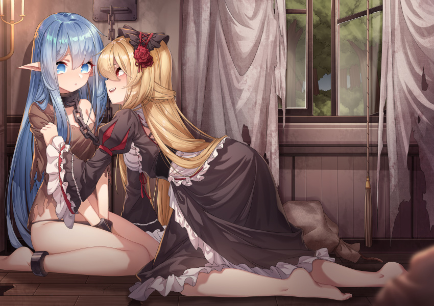 2girls absurdres apron bare_legs between_legs black_dress blonde_hair blue_eyes blue_hair blurry blush candle chains collar cuffs curtains de_da_xianyu depth_of_field dress frilled_apron frills half_updo hand_between_legs headdress highres indoors juliet_sleeves kneeling long_hair long_sleeves looking_at_another maid multiple_girls original pointy_ears puffy_sleeves red_eyes shackles sidelocks sitting slave smile teeth torn_clothes v_arms very_long_hair waist_apron wariza wide_sleeves window wooden_floor yuri