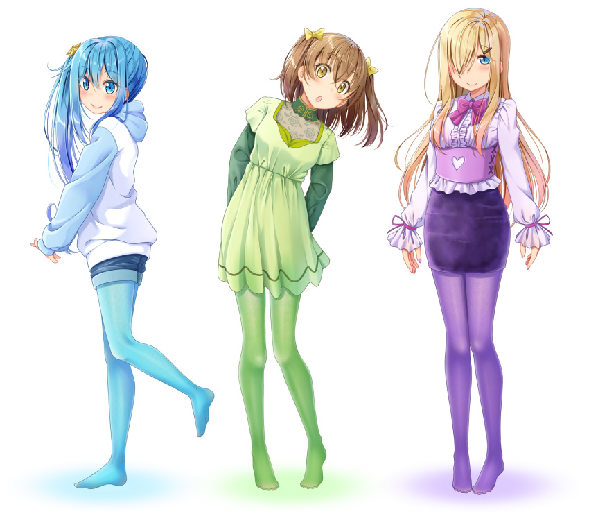 3girls :o ashida_machi bangs blonde_hair blouse blue_eyes blue_hair blue_legwear blue_shorts blush bow bowtie brown_hair center_frills closed_mouth collared_blouse color_coordination commentary_request corset dress eyebrows_visible_through_hair frills green_dress green_legwear green_shirt gurande_(g-size) hair_between_eyes hair_bow hair_ornament hair_over_one_eye hairclip head_tilt heart highres hood hood_down hoodie leaning_to_the_side long_hair long_sleeves looking_at_viewer looking_to_the_side multiple_girls no_shoes ooashi_ran original pantyhose parted_lips pencil_skirt purple_legwear purple_neckwear purple_skirt raglan_sleeves shirt short_dress short_shorts short_sleeves shorts side_ponytail simple_background skirt smile star star_hair_ornament two_side_up very_long_hair white_background white_blouse white_hoodie yellow_bow yellow_eyes