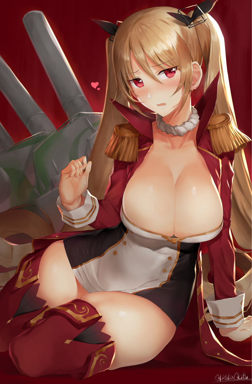 1girl absurdres akitaka_akita artist_name azur_lane bangs black_bow blonde_hair blush bow breasts cleavage coat collarbone epaulettes eyebrows_visible_through_hair hair_between_eyes hair_bow hand_up heart highres jacket large_breasts leotard nelson_(azur_lane) open_clothes open_coat open_jacket open_mouth red_eyes red_legwear rigging sidelocks signature sitting solo thigh-highs thighs turret two_side_up yokozuwari