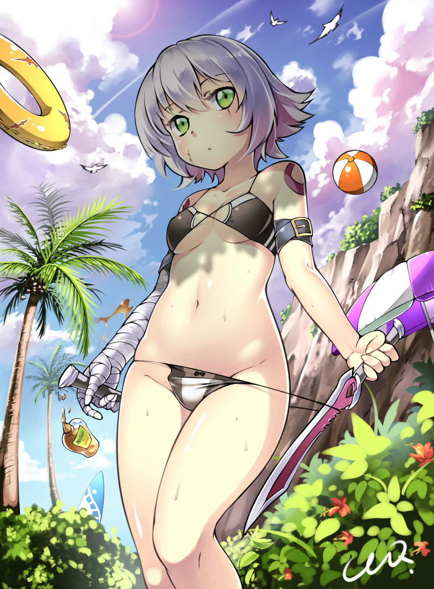 1girl absurdres arm_belt assassin_of_black ball bandage bandaged_arm bare_arms bare_shoulders beach_umbrella beachball bikini bird black_bikini blue_sky breasts bush ccq cliff closed_mouth clouds cloudy_sky collarbone cowboy_shot dagger day dual_wielding facial_scar fate/apocrypha fate_(series) flower gradient_hair green_eyes groin hibiscus highres holding holding_weapon innertube looking_at_viewer lotion_bottle multicolored_hair navel outdoors palm_tree pink_hair scar scar_across_eye shiny shiny_skin short_hair shoulder_tattoo signature silver_hair sky small_breasts standing stomach surfboard swimsuit tattoo thighs tree umbrella under_boob weapon