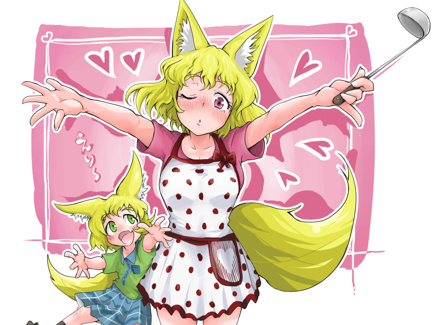 2girls :d animal_ears apron blonde_hair blue_skirt blush commentary_request doitsuken dress eyebrows_visible_through_hair fang fox_ears fox_tail green_eyes green_shirt heart highres holding jewelry ladle looking_at_another looking_at_viewer mother_and_daughter multiple_girls one_eye_closed open_mouth original outstretched_arms parted_lips pink_background pink_dress pink_eyes reaching_out ring shirt short_sleeves skirt smile standing tail wedding_band