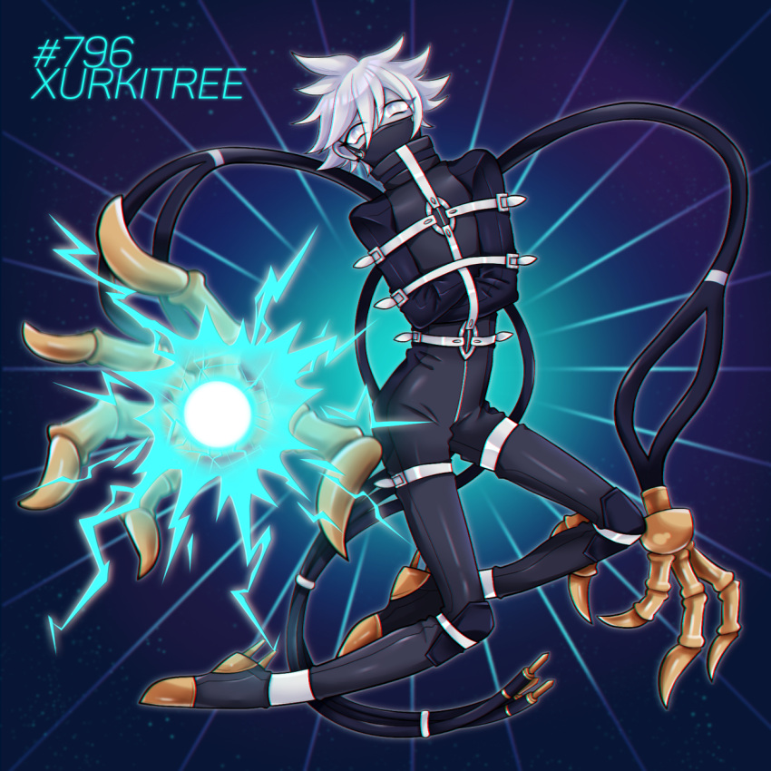 androgynous black_legwear bodysuit bound character_name covered_mouth electricity full_body greenriverknight grey_eyes grey_hair highres leg_belt pale_skin personification pokemon short_hair solo xurkitree