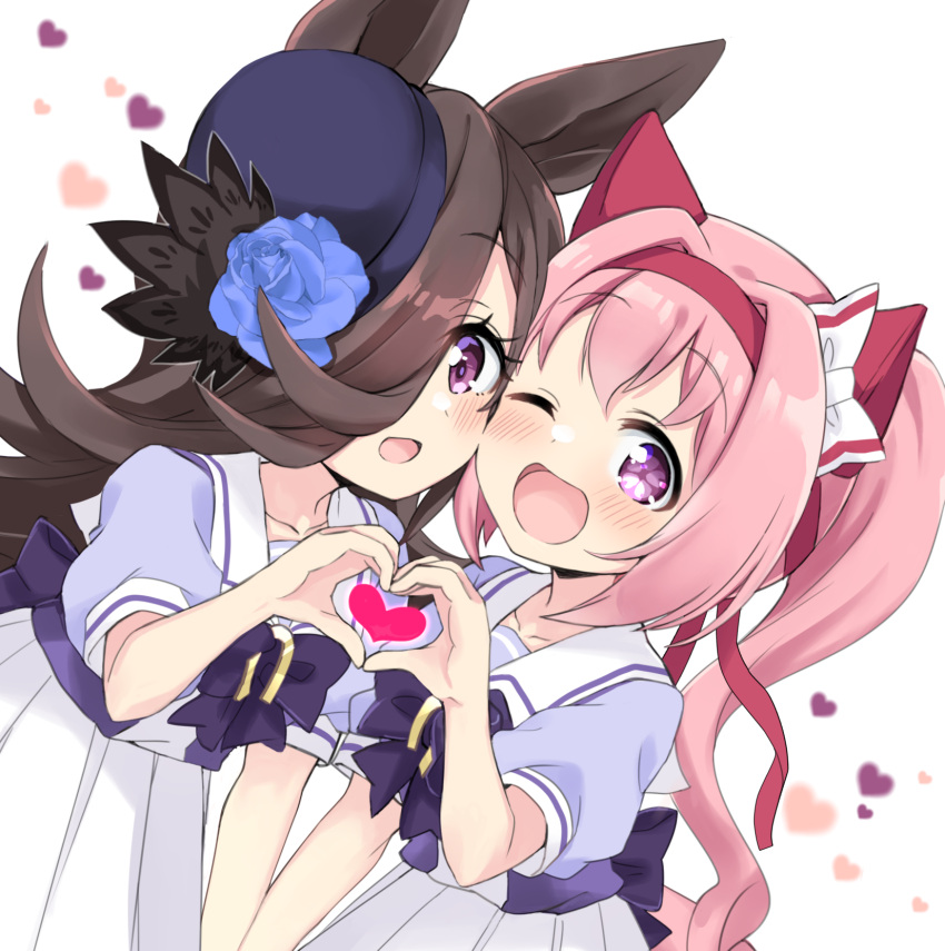 2girls animal_ears bangs blue_flower blue_rose blush cheek-to-cheek commentary_request flower flower-shaped_pupils hair_intakes hair_over_one_eye hairband haru_urara_(umamusume) hat hat_flower heads_together heart heart_hands heart_hands_duo highres hizuki_yayoi horse_ears long_hair looking_at_viewer multiple_girls one_eye_closed open_mouth pink_hair ponytail puffy_short_sleeves puffy_sleeves purple_shirt rice_shower_(umamusume) rose sailor_collar school_uniform shirt short_sleeves skirt smile symbol-shaped_pupils tracen_school_uniform umamusume white_skirt