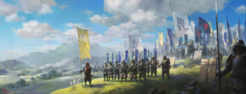 6+boys armor army banner blue_sky clouds cloudy_sky commentary day highres horse horseback_riding japanese_armor katana ling_xiang mountain multiple_boys outdoors people real_life riding sky sword uesugi_kenshin valley weapon