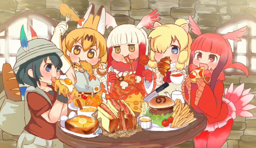 &gt;:t 5girls alpaca_ears alpaca_suri_(kemono_friends) animal_ears arm_up armpits backpack bacon bag baguette bangs belt black_gloves black_hair blonde_hair blue_eyes blunt_bangs blush bow bowtie bread bucket_hat butter cheese cherry_tomato croissant cup eating egg elbow_gloves empty_eyes extra_ears flag food fork french_fries fried_egg frilled_sleeves frills fur_collar gloves gradient_hair grey_eyes hair_bun hair_over_one_eye hair_tie hamburger hat hat_feather head_wings holding holding_cup holding_food holding_fork holding_pizza indoors japanese_crested_ibis_(kemono_friends) japari_symbol kaban_(kemono_friends) kemono_friends knife lettuce long_hair long_sleeves lucky_beast_(kemono_friends) miniskirt multicolored multicolored_clothes multicolored_gloves multicolored_hair multicolored_neckwear multiple_girls open_mouth pantyhose pasta pizza pleated_skirt print_neckwear red_eyes red_gloves red_legwear red_shirt red_skirt redhead sandwich sausage scarlet_ibis_(kemono_friends) serval_(kemono_friends) serval_ears serval_print shirt short_hair short_sleeves shrimp shrimp_tempura skirt sleeveless slice_of_bread soup spaghetti stone_wall table tail_feathers tea teacup teapot tempura toraya_(kakebutonn) wall white_gloves white_hair white_neckwear wide_sleeves window yellow_eyes yellow_gloves yellow_neckwear