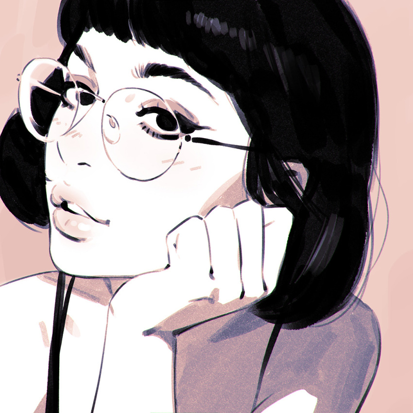 1girl bare_shoulders close-up glasses head_on_hand ilya_kuvshinov looking_at_viewer original parted_lips round_eyewear short_hair simple_background solo