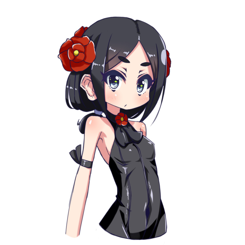 1girl armband bare_shoulders black_hair blush bodysuit breasts covered_navel flower hair_flower hair_ornament highres looking_at_viewer nanarokushiki princess_principal simple_background skin_tight small_breasts toudou_chise white_background