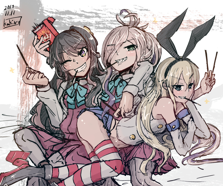 3girls arm_around_shoulders artist_name asashimo_(kantai_collection) ass blonde_hair brown_hair commentary_request dated eyes_visible_through_hair food green_eyes grey_hair grin hair_ribbon highres kakiiro_(takuya) kantai_collection miniskirt multiple_girls naganami_(kantai_collection) pocky pocky_day ribbon sharp_teeth shimakaze_(kantai_collection) skirt smile striped striped_legwear teeth uniform