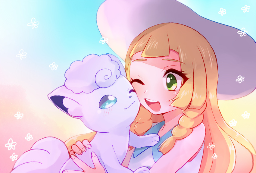 1girl alola_form alolan_vulpix blonde_hair blush braid collared_dress dress green_eyes hat lillie_(pokemon) long_hair one_eye_closed open_mouth pokemon pokemon_(anime) pokemon_(creature) pokemon_(game) pokemon_sm pokemon_sm_(anime) sleeveless smile sun_hat twin_braids white_dress white_hat