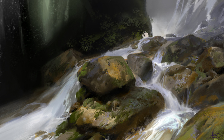 commentary day foam grass highres ling_xiang moss no_humans original outdoors river rock scenery water waterfall