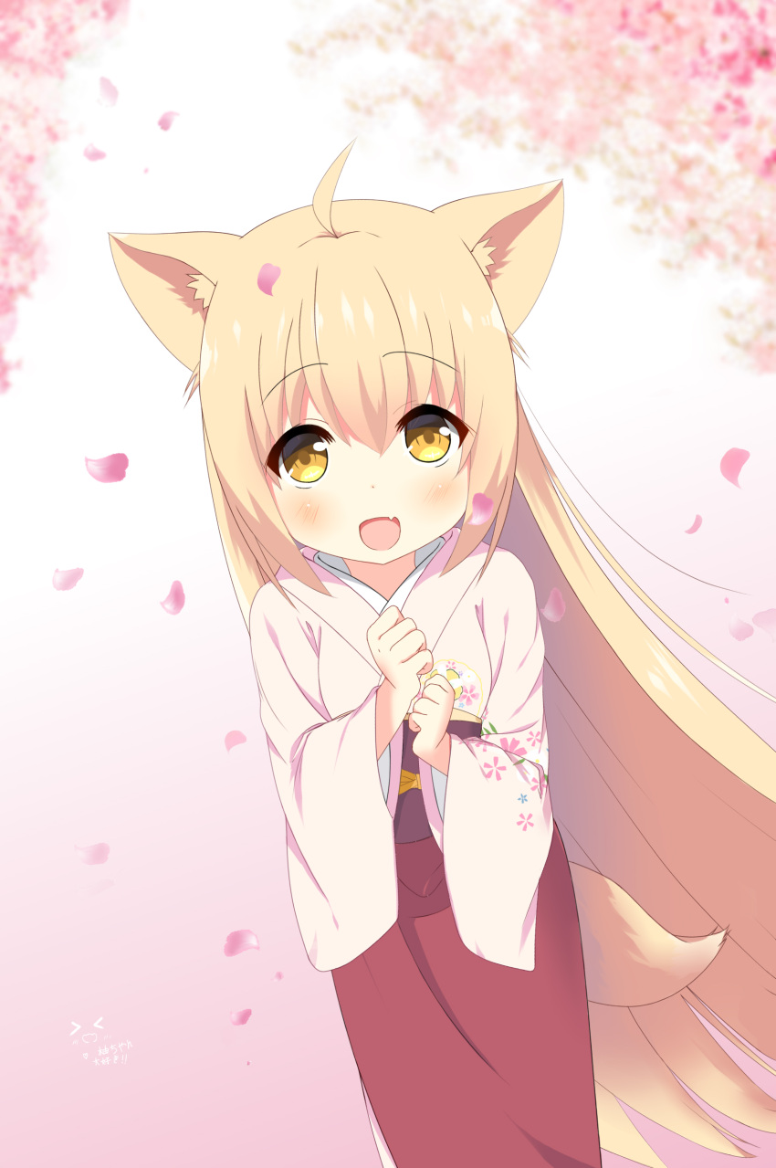 &gt;_&lt; 1girl :d absurdres animal_ears bangs blonde_hair blush commentary_request eyebrows_visible_through_hair fang fox_ears fox_girl fox_tail gradient gradient_background hair_between_eyes hands_up highres japanese_clothes kimono konohana_kitan long_sleeves looking_at_viewer obi open_mouth own_hands_together petals pink_background pink_kimono red_skirt sash simple_background skirt smile solo standing tail translated white_background wide_sleeves xd xiaosamiao yellow_eyes yuzu_(konohana_kitan)