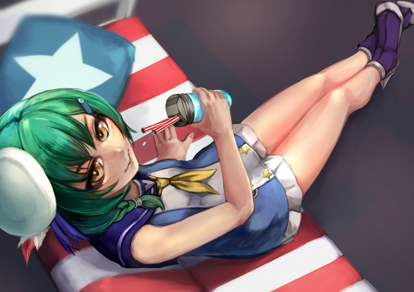 1girl 3: american_flag azur_lane bangs bare_arms bare_shoulders beret blue_dress braid breasts closed_mouth couch cup dress drinking_straw eyebrows facing_away feathers fingernails foote_(azur_lane) frilled_dress frills from_above green_hair hair_between_eyes hair_ornament hairclip hat hat_feather holding holding_cup legs legs_together long_hair looking_away menyuu mini_hat multicolored multicolored_clothes multicolored_dress neckerchief sailor_collar sailor_dress short_dress side_braid sitting small_breasts solo star tsurime two-tone_dress white_dress white_hat yellow_eyes yellow_neckwear