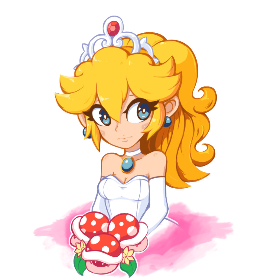 1girl blonde_hair blue_eyes bouquet brooch choker collarbone commentary crown dress earrings elbow_gloves eyes_visible_through_hair flower gloves jewelry long_hair looking_to_the_side super_mario_bros. piranha_plant ponytail princess_peach solo strapless strapless_dress super_mario_bros. super_mario_odyssey tiara upper_body veil wedding_dress white_dress white_gloves