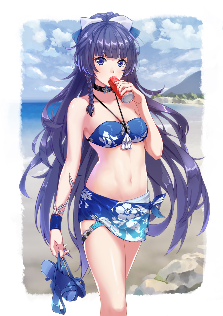 1girl absurdres bangs bare_arms bare_shoulders beach bikini bikini_top blue_bikini blue_eyes blue_footwear blue_hair blunt_bangs blush braid breasts can character_request clouds cloudy_sky collarbone cowboy_shot day drinking eyebrows_visible_through_hair hair_ribbon halterneck highres holding honkai_impact horizon long_hair looking_at_viewer medium_breasts ocean outdoors outside_border ponytail ribbon sandals_removed sarong shiny shiny_skin shore single_braid sky soda_can solo standing swimsuit thighs very_long_hair white_ribbon wristband