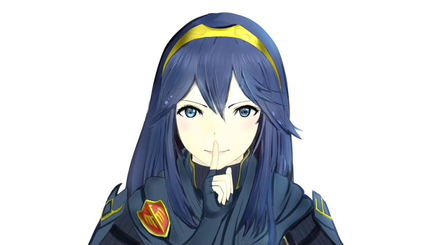 1girl 3d blue_eyes blue_hair fingerless_gloves fire_emblem fire_emblem:_kakusei gloves highres index_finger_raised intelligent_systems long_hair lucina mikumikudance nintendo simple_background smile solo white_background