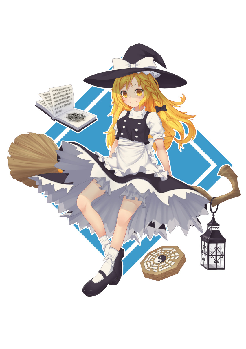 1girl absurdres black_bow black_hat blonde_hair blush book bow braid broom broom_riding closed_mouth eyebrows_visible_through_hair full_body hair_bow hat hat_bow hat_ribbon highres kirisame_marisa lantern long_hair looking_at_viewer open_book ribbon smile socks solo touhou white_bow white_legwear white_ribbon witch_hat xian_yu_zhanshi yellow_eyes yin_yang