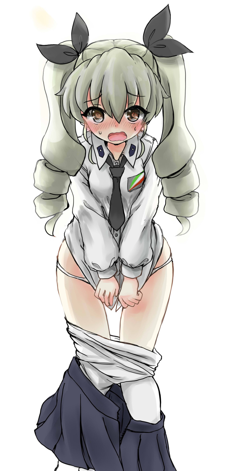 1girl absurdres anchovy bangs black_neckwear black_skirt blush commentary dress_shirt drill_hair embarrassed emblem eyebrows_visible_through_hair frown full-face_blush girls_und_panzer green_hair highres long_hair long_sleeves looking_at_viewer loose_necktie miniskirt necktie open_clothes open_mouth open_skirt panties panty_pull pantyhose pantyhose_pull pleated_skirt red_eyes school_uniform shirt shirt_tug simple_background skirt skirt_pull solo standing sweatdrop twin_drills twintails underwear wabiushi white_background white_legwear white_panties white_shirt