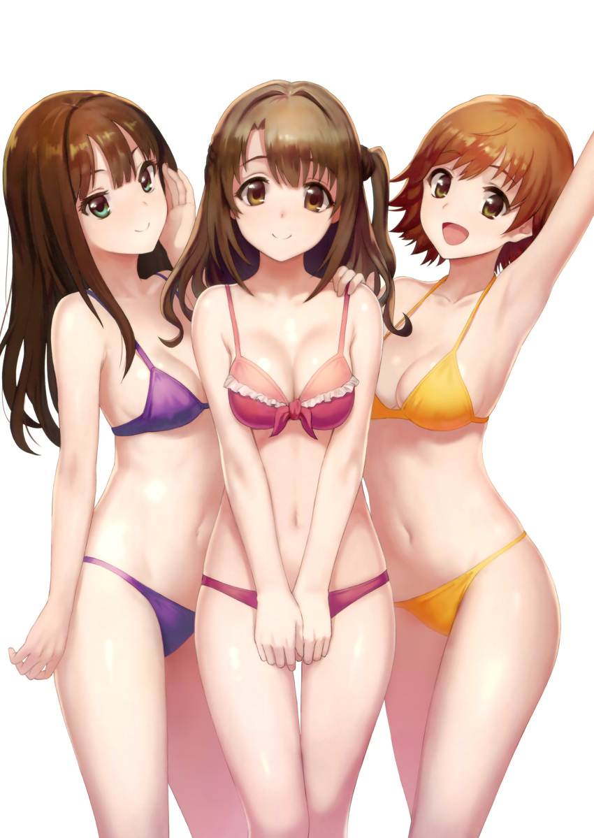 3girls :d absurdres arm_at_side arm_up armpits bikini blue_eyes breasts brown_eyes brown_hair closed_mouth contrapposto cowboy_shot eyebrows_visible_through_hair front-tie_bikini front-tie_top girl_sandwich green_eyes halterneck highres honda_mio idolmaster idolmaster_cinderella_girls long_hair medium_breasts meto31 multiple_girls navel open_mouth pink_bikini purple_bikini sandwiched scan shibuya_rin shimamura_uzuki short_hair simple_background small_breasts smile swimsuit white_background yellow_bikini