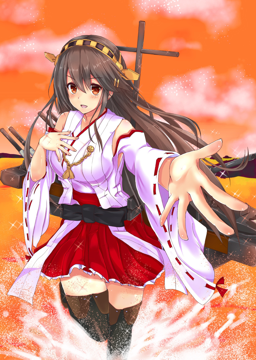 10s 1girl :d absurdres bare_shoulders black_hair blue_sky boots breasts brown_eyes full_body hair_ornament hairclip hand_on_own_chest haruna_(kantai_collection) headgear highres kantai_collection large_breasts long_hair looking_at_viewer machinery nontraditional_miko open_mouth outstretched_arm red_skirt skirt sky smile solo sunset syun3783 thigh-highs thigh_boots