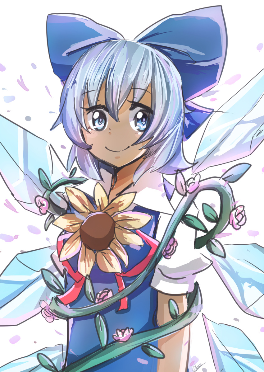 1girl absurdres bangs blue_bow blue_dress blue_eyes blush bow cirno closed_mouth dress flower hair_bow highres ice ice_wings light_blue_hair plant puffy_short_sleeves puffy_sleeves red_ribbon ribbon sanzuri short_hair short_sleeves smile solo standing sunflower tagme tan tanned_cirno touhou vines white_background wings