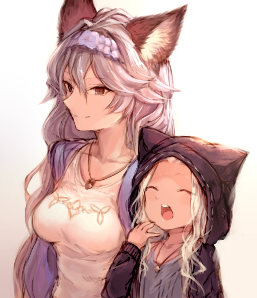 2girls absurdres animal_ears animal_hood breasts brown_eyes cat_ears cat_hood closed_eyes erun_(granblue_fantasy) granblue_fantasy hair_between_eyes hairband heles highres hood jewelry large_breasts long_hair looking_at_viewer multiple_girls necklace open_mouth silver_hair simple_background skasaha_(granblue_fantasy) sketch smile sukemyon upper_body very_long_hair yawning