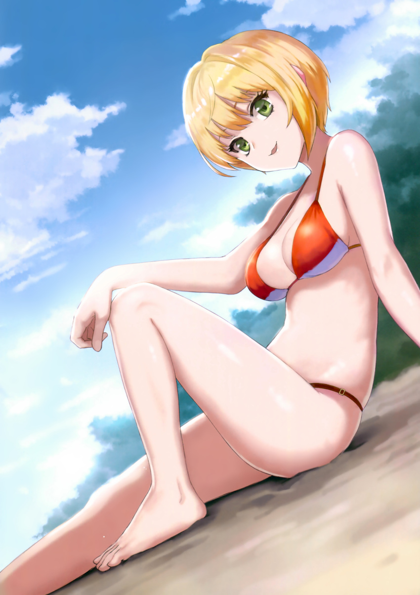 1girl :3 absurdres arm_support bare_legs barefoot bikini blonde_hair blue_skirt breasts cleavage day dutch_angle green_eyes hand_on_own_knee highres idolmaster idolmaster_cinderella_girls leaning_back leg_up looking_at_viewer medium_breasts meto31 miyamoto_frederica open_mouth outdoors red_bikini scan short_hair sitting skirt smile solo swimsuit