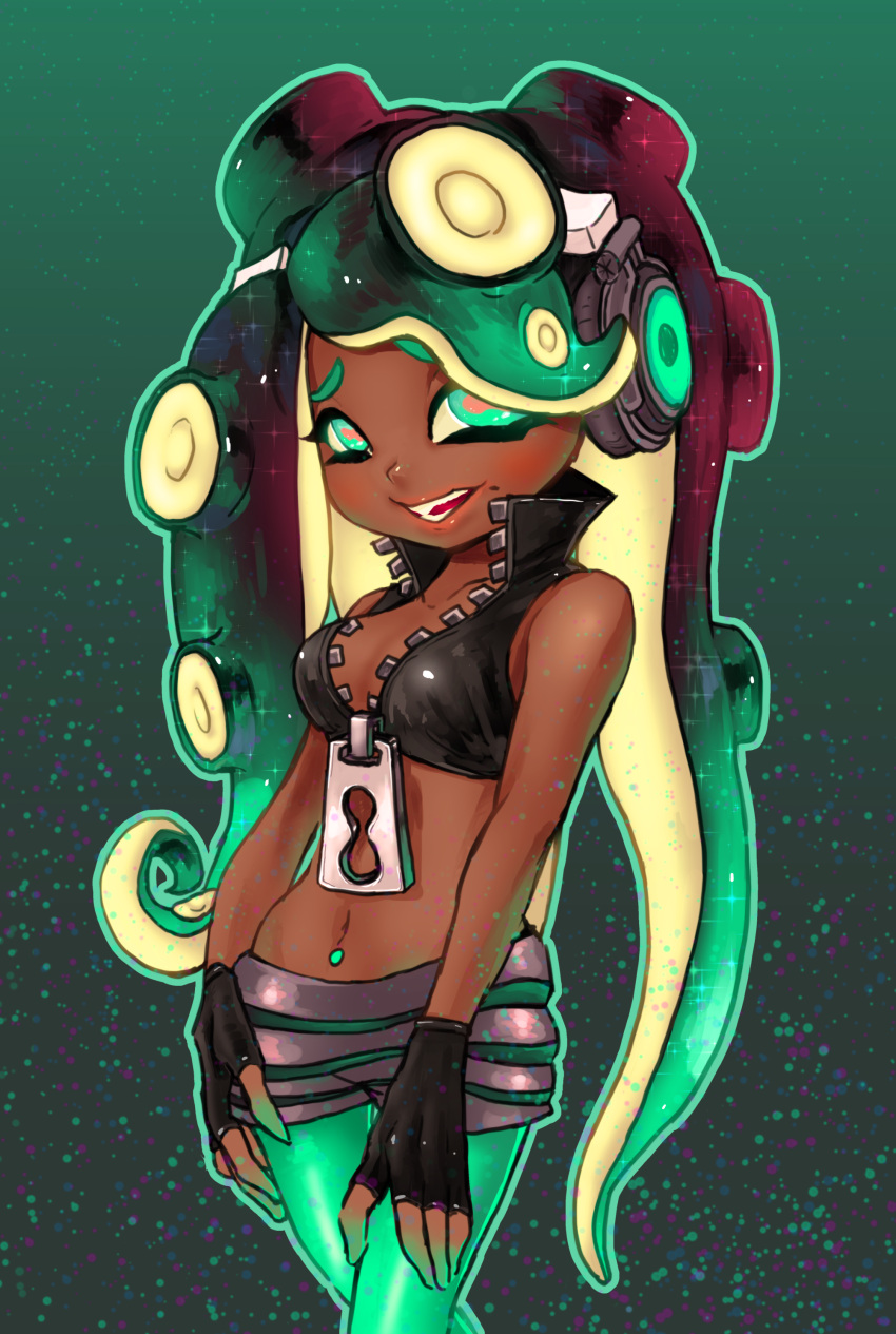 1girl :d absurdres anakona aqua aqua_eyes aqua_hair aqua_legwear aqua_outline bare_shoulders black_gloves black_hair black_shirt breasts cleavage cowboy_shot crop_top dark_skin eyelashes fingerless_gloves gloves gradient gradient_background gradient_hair grey_shorts headphones highres horizontal_pupils iida_(splatoon) legs_crossed lips long_hair mole mole_under_mouth multicolored_hair octarian open_mouth outline pantyhose pink_lips pink_pupils popped_collar shirt short_shorts shorts sleeveless sleeveless_shirt smile solo splatoon splatoon_2 standing suction_cups teeth tentacle_hair two-tone_hair very_long_hair zipper zipper_pull_tab