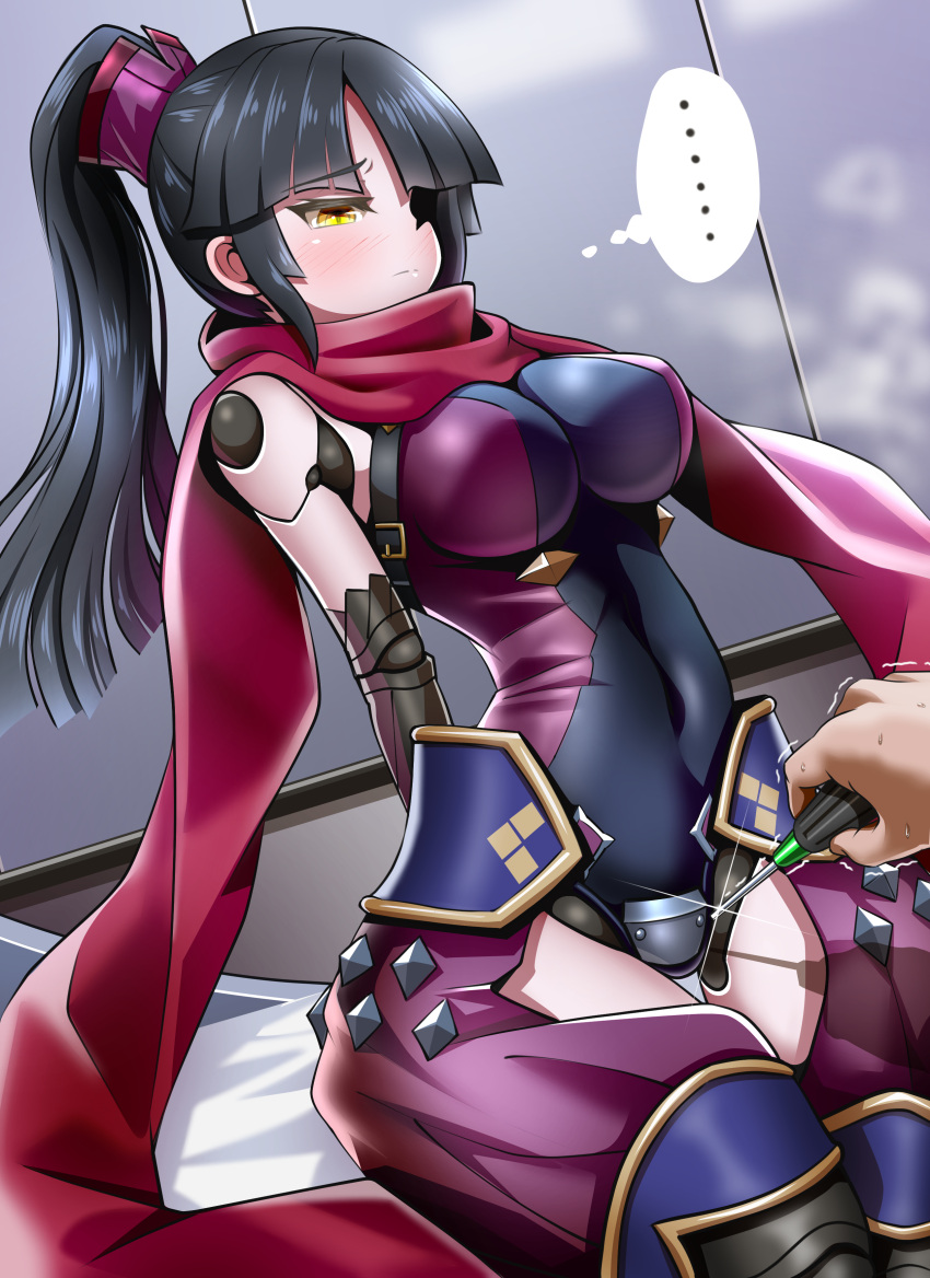 ... 1girl absurdres armor bangs black_hair blunt_bangs blush breasts closed_mouth covered_navel eyebrows_visible_through_hair eyepatch fate/grand_order fate_(series) glint highres indoors japanese_armor japanese_clothes katou_danzou_(fate/grand_order) large_breasts long_hair navel out_of_frame parted_bangs ponytail pov purple_scarf robot_joints scarf screwdriver sekai_saisoku_no_panda sidelocks sitting solo_focus steam straight_hair thought_bubble trembling yellow_eyes