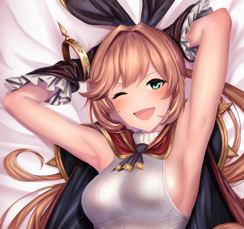 1girl :d absurdres armpits arms_behind_back arms_up ascot bangs bed_sheet black_ascot black_bow blonde_hair blush bow bracelet breasts brown_gloves cape clarisse_(granblue_fantasy) dakimakura from_above gloves granblue_fantasy green_eyes hair_bow highres jewelry long_hair looking_at_viewer medium_breasts on_bed one_eye_closed open_mouth red_cape ribbed_sweater smile solo sweater ulrich_(tagaragakuin) white_sweater