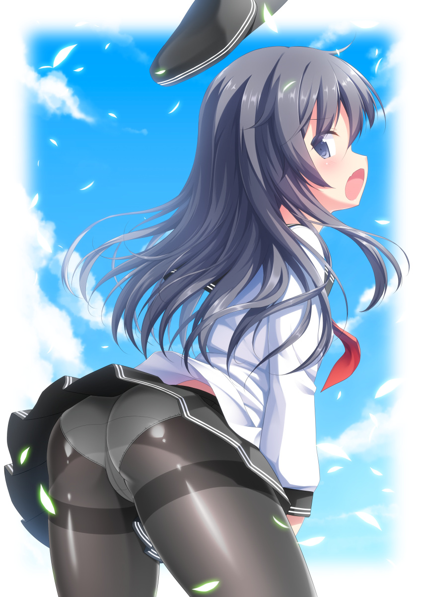 10s 1girl absurdres akatsuki_(kantai_collection) ass black_hair black_legwear black_skirt blue_eyes blue_sky breasts clouds day eyebrows_visible_through_hair flat_cap from_behind hat hat_loss highres kantai_collection leaning_forward long_hair looking_at_viewer looking_back open_mouth outdoors panties panties_under_pantyhose pantyhose pantyshot pleated_skirt sasakura_momiji school_uniform serafuku skirt sky solo standing thighband_pantyhose underwear white_panties wind wind_lift