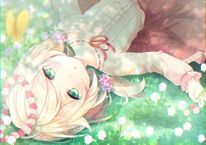 1girl ahoge bangs blonde_hair blouse blurry blush butterfly buttons chromatic_aberration day depth_of_field field flower flower_field frilled_skirt frills from_above green_eyes hair_tie head_wreath highres himawarino-tane idolmaster idolmaster_cinderella_girls idolmaster_cinderella_girls_starlight_stage light_particles long_sleeves looking_at_viewer low_twintails lying medium_hair medium_skirt on_back outdoors outstretched_arms parted_lips plaid plaid_skirt red_ribbon red_skirt ribbon shade shiny shiny_hair short_twintails skirt solo swept_bangs twintails upper_body white_blouse white_flower yusa_kozue