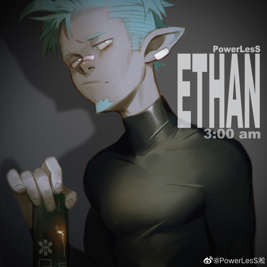 1boy absurdres arknights bandaid bandaid_on_nose blue_hair ethan_(arknights) facial_hair goatee highres male_focus pectorals powerlesssong shirt short_hair solo tight tight_shirt toned toned_male upper_body