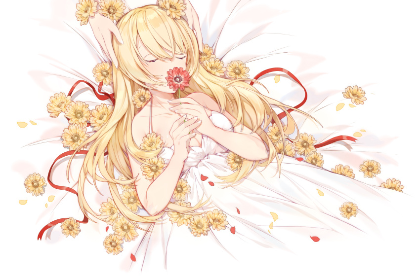 1girl bangs bare_arms bare_shoulders bed_sheet blonde_hair breasts closed_eyes collarbone commentary_request dress flower from_above hands highres holding holding_flower long_hair lying medium_breasts miyuki_(miyuki_05290) on_back on_bed out_of_frame petals sidelocks sleeping sleeveless sleeveless_dress solo_focus vocaloid white_dress yellow_flower