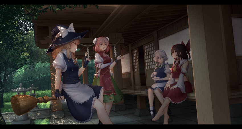 4girls ^_^ apron bandage bandaged_arm barefoot blush bow braid breasts broom broom_riding bun_cover closed_eyes cup dappled_sunlight day detached_sleeves double_bun dress fingerless_gloves frilled_dress frills gloves grin hair_bow hair_tubes hakurei_reimu hakurei_shrine hat hat_bow highres ibaraki_kasen index_finger_raised izayoi_sakuya japanese_clothes kirisame_marisa letterboxed long_hair long_sleeves looking_at_another maid maid_headdress medium_breasts miko mochi_(chain_csn) multiple_girls neck_ribbon nontraditional_miko puffy_short_sleeves puffy_sleeves ribbon short_hair short_sleeves sitting smile sunlight tabard teacup touhou twin_braids waist_apron wide_sleeves witch_hat wrist_cuffs