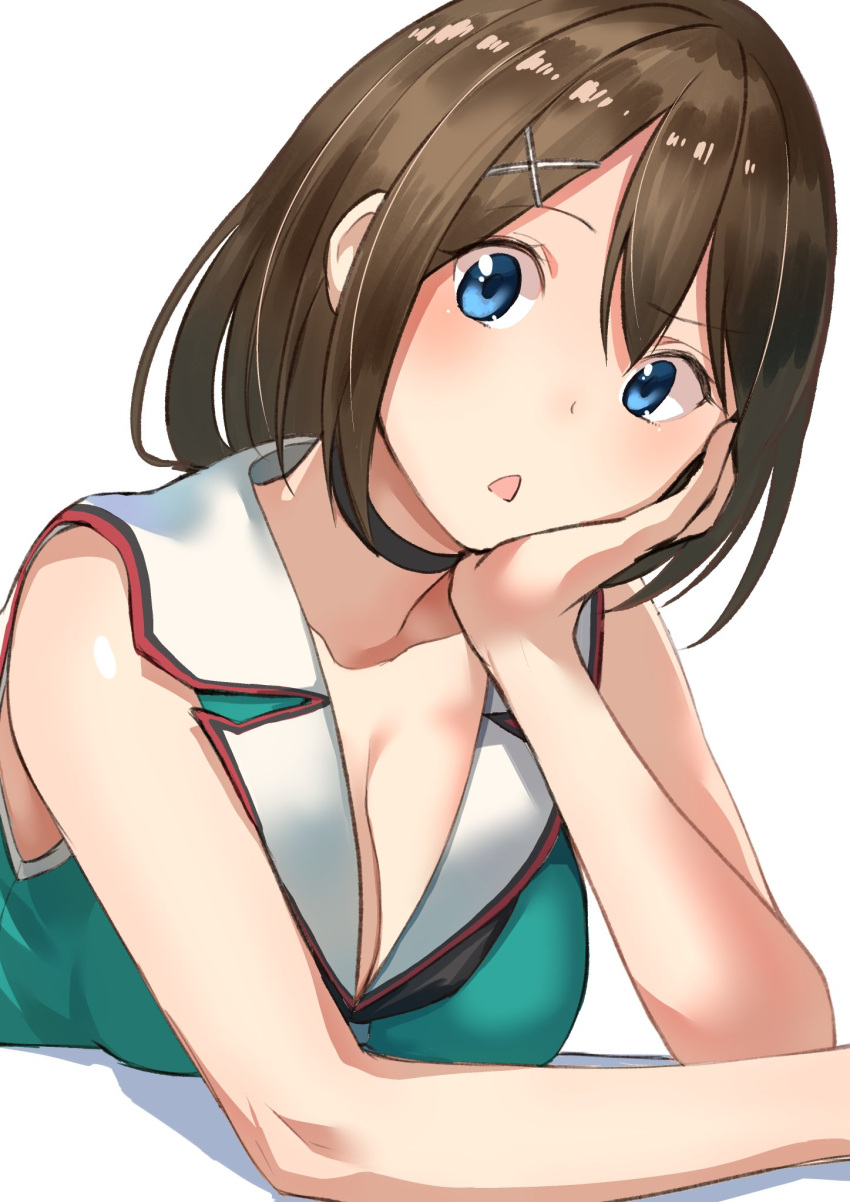10s 1girl arm_rest bare_arms blue_eyes blush breasts brown_hair choker cleavage collarbone hair_between_eyes hair_ornament hairclip hand_on_own_cheek highres kantai_collection large_breasts looking_at_viewer masukuza_j maya_(kantai_collection) open_mouth remodel_(kantai_collection) sailor_collar short_hair simple_background solo upper_body white_background