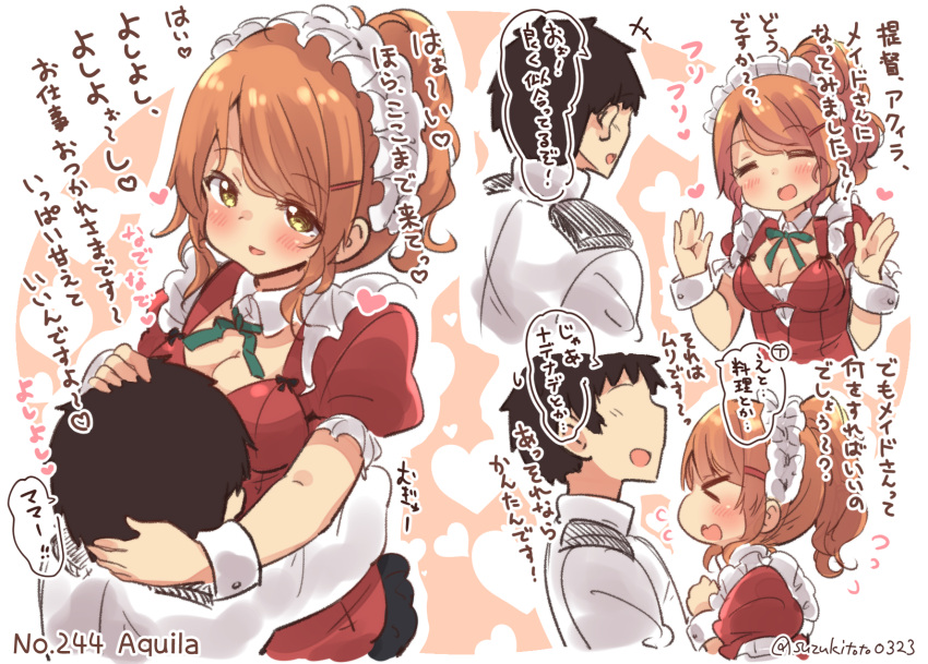 1boy 1girl :d ^_^ ^o^ adapted_costume admiral_(kantai_collection) aquila_(kantai_collection) black_hair blush breasts brown_eyes character_name cleavage closed_eyes heart high_ponytail highres kantai_collection large_breasts long_sleeves military military_uniform naval_uniform open_mouth orange_hair puffy_short_sleeves puffy_sleeves short_hair short_sleeves smile speech_bubble suzuki_toto translation_request twitter_username uniform