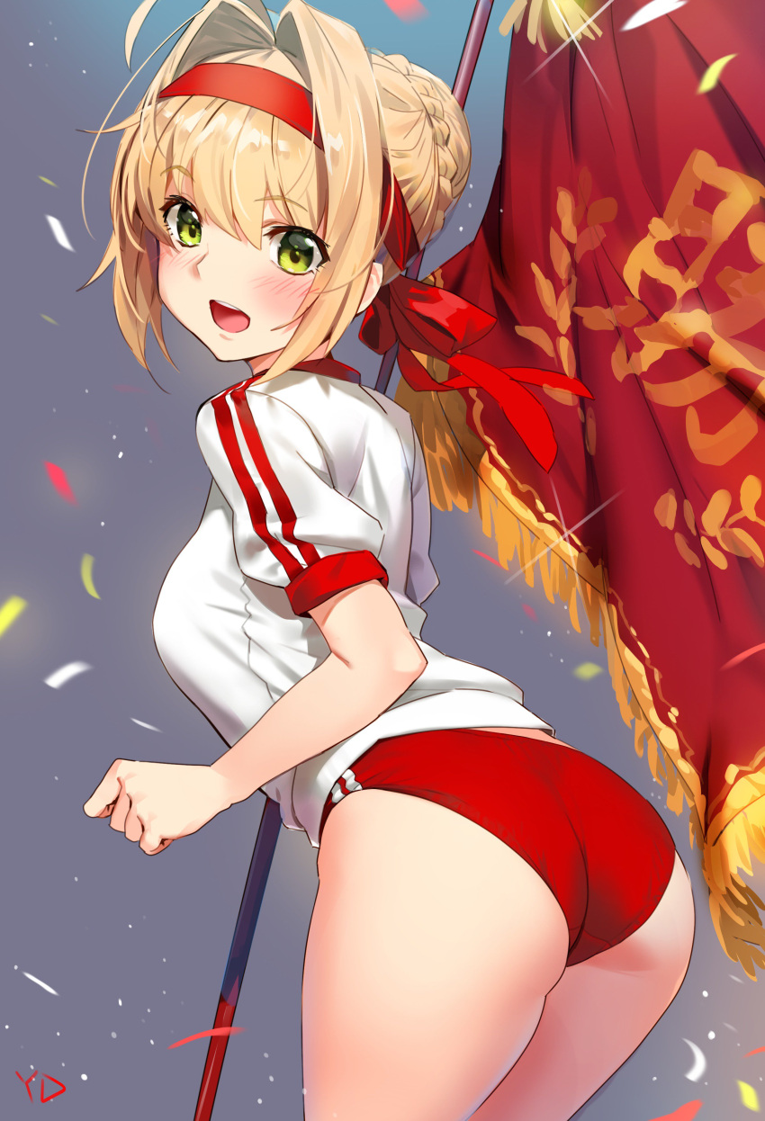 10s 1girl absurdres ahoge ass blonde_hair blush braid buruma confetti fate/extra fate_(series) flag french_braid green_eyes hair_intakes highres long_hair looking_at_viewer saber_extra smile solo thighs yang-do