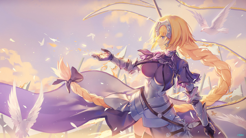 1girl armor atdan bangs bird black_legwear blonde_hair blue_eyes braid breasts closed_mouth day eyebrows_visible_through_hair fate/apocrypha fate_(series) faulds gauntlets hand_up highres large_breasts light_smile long_hair outdoors profile ruler_(fate/apocrypha) single_braid solo standard_bearer thigh-highs very_long_hair