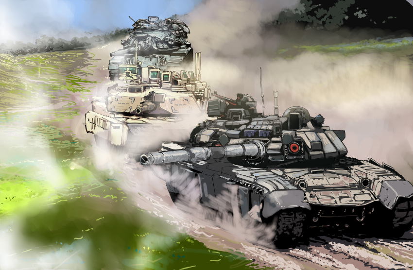 absurdres clouds day dust_cloud ground_vehicle gun highres m1_abrams machine_gun military military_vehicle motor_vehicle no_humans nogami_takeshi original sky t-90 tank type_74 weapon