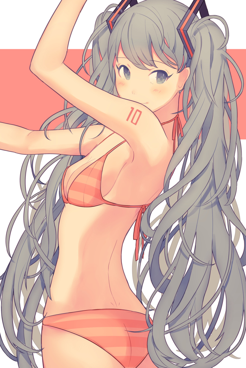 1girl arm_up armpits ass back bangs bikini blush breasts butt_crack cleavage closed_mouth eyebrows_visible_through_hair eyelashes from_behind grey_eyes grey_hair halterneck hatsune_miku highres long_hair looking_to_the_side orange_bikini outstretched_arm side-tie_bikini sideboob small_breasts smile solo standing striped striped_bikini swept_bangs swimsuit tattoo twintails twisted_torso upper_body very_long_hair vocaloid white_background yuusei_tsukiro