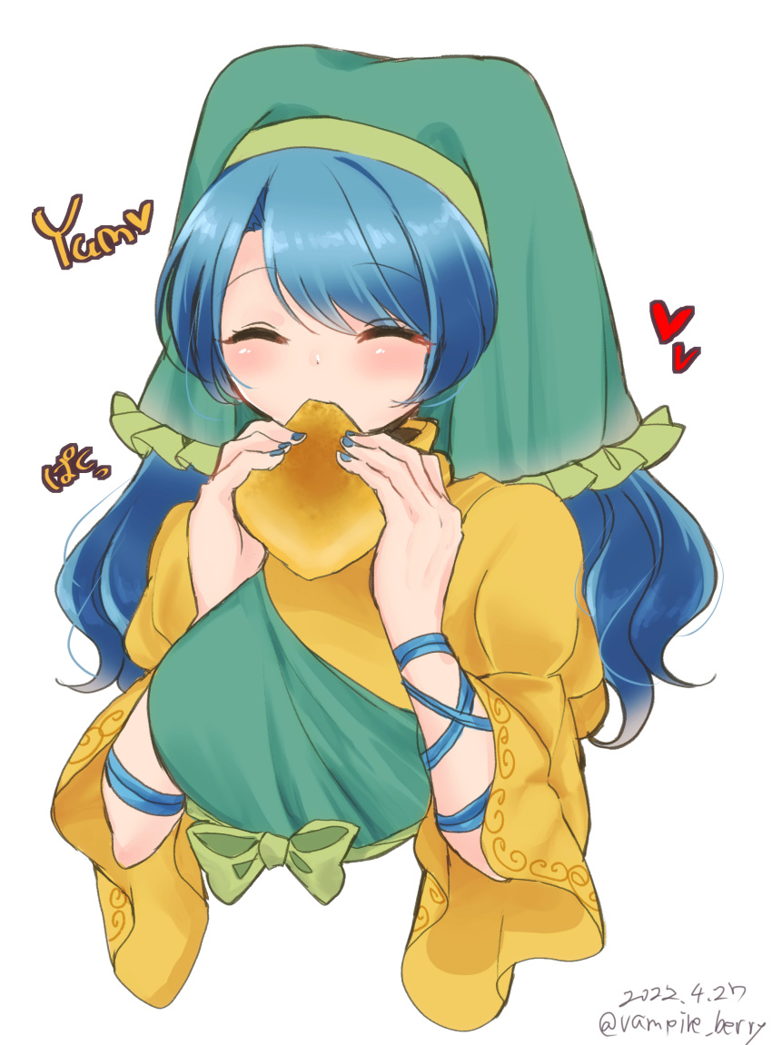 1girl apron arm_ribbon bangs belt blue_hair blue_nails blue_ribbon blush bow breasts closed_eyes closed_mouth commentary_request dress eating eyebrows_visible_through_hair fingernails food green_apron green_belt green_bow green_headwear green_scarf hands_up haniyasushin_keiki head_scarf heart highres jewelry juliet_sleeves large_breasts long_hair long_sleeves magatama magatama_necklace nail_polish necklace ougi_hina puffy_sleeves ribbon scarf simple_background smile solo touhou twitter_username upper_body white_background wide_sleeves yellow_dress