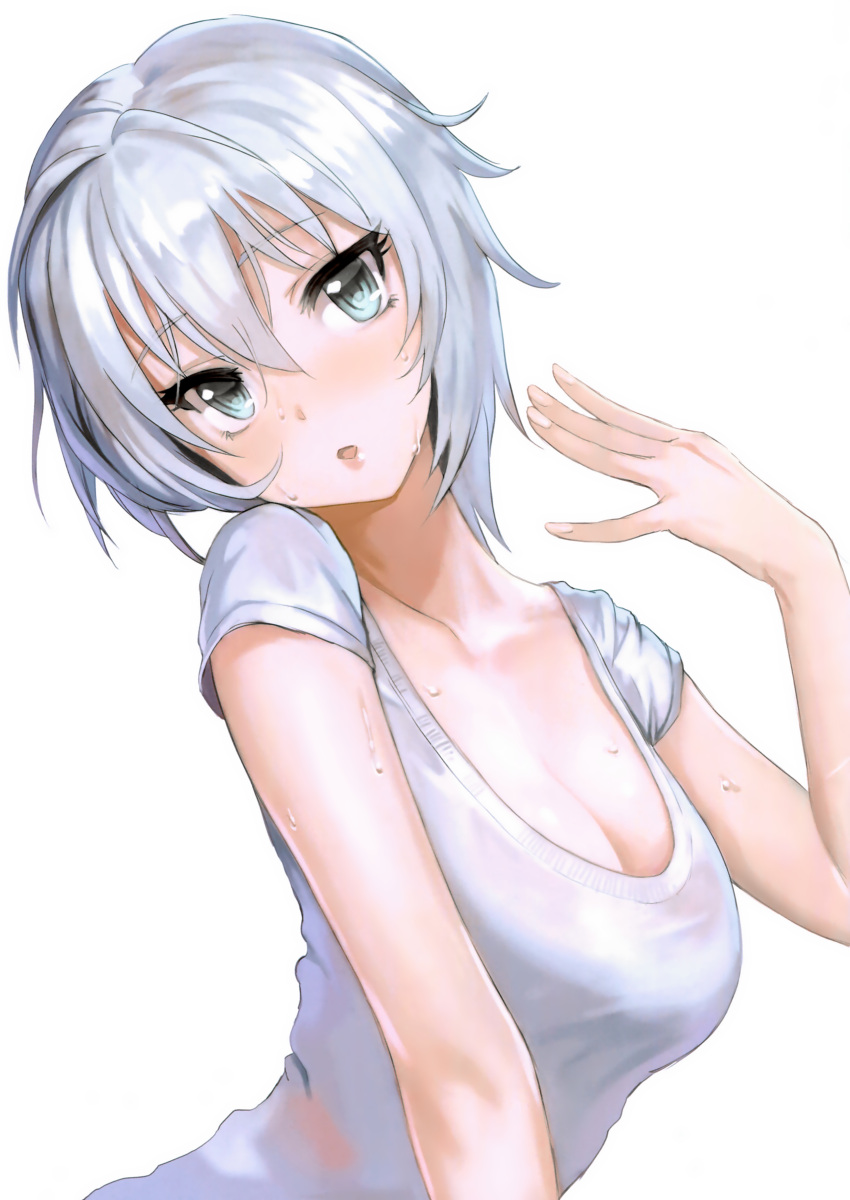 1girl absurdres anastasia_(idolmaster) arm_up blue_hair breasts cleavage collarbone eyebrows_visible_through_hair fanning_face hair_between_eyes head_tilt highres hot idolmaster idolmaster_cinderella_girls large_breasts leaning_forward meto31 parted_lips scan shirt short_hair silver_hair simple_background solo sweat sweating t-shirt wet wet_clothes wet_shirt white_background