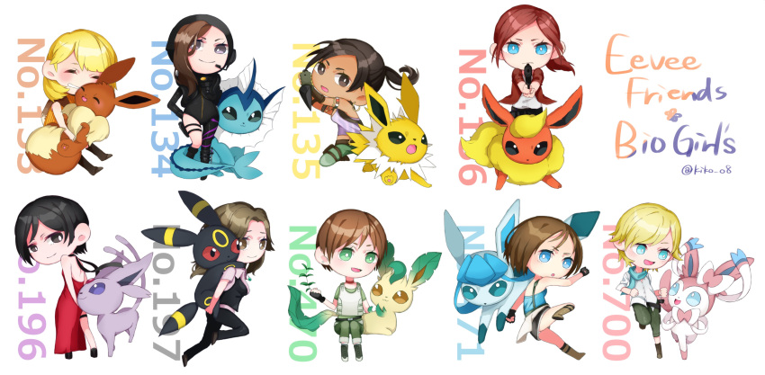 6+girls absurdres ada_wong aiming_at_viewer artist_request ashley_graham black_hair blonde_hair blue_eyes brown_eyes brown_hair chibi choker claire_redfield commentary_request crossover dark_skin dress eevee english espeon fingerless_gloves flareon glaceon gloves green_eyes gun helena_harper highres hug jessica_sherawat jill_valentine jolteon leafeon leg_strap long_hair multiple_girls piggyback pointing pointing_at_viewer pokemon ponytail rebecca_chambers redhead resident_evil scarf sherry_birkin sheva_alomar short_hair smile sylveon twitter_username umbreon vaporeon violet_eyes weapon wetsuit