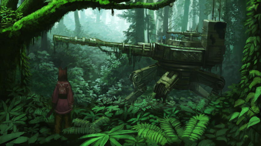 1girl animal_ears brown_pants bush cannon commentary_request day forest from_behind grass ground_vehicle highres jacket long_sleeves maroon_hair mecha medium_hair military military_vehicle moss motor_vehicle nature original outdoors pants pink_jacket plant ruins sash scenery sheath sheathed solo standing sword tank walker wasabi60 weapon