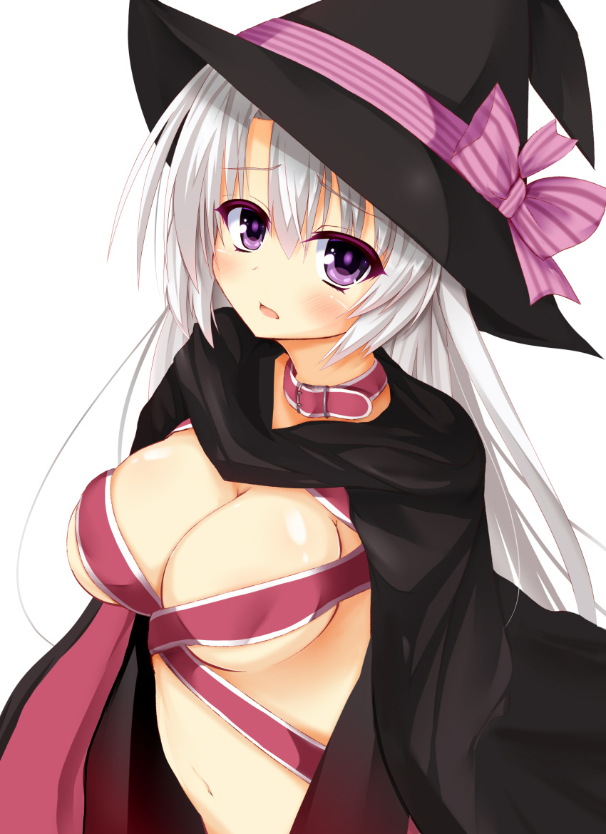 1girl absurdres blush breasts cleavage ero-god hat highres long_hair looking_at_viewer medium_breasts navel open_mouth silver_hair solo tagme violet_eyes