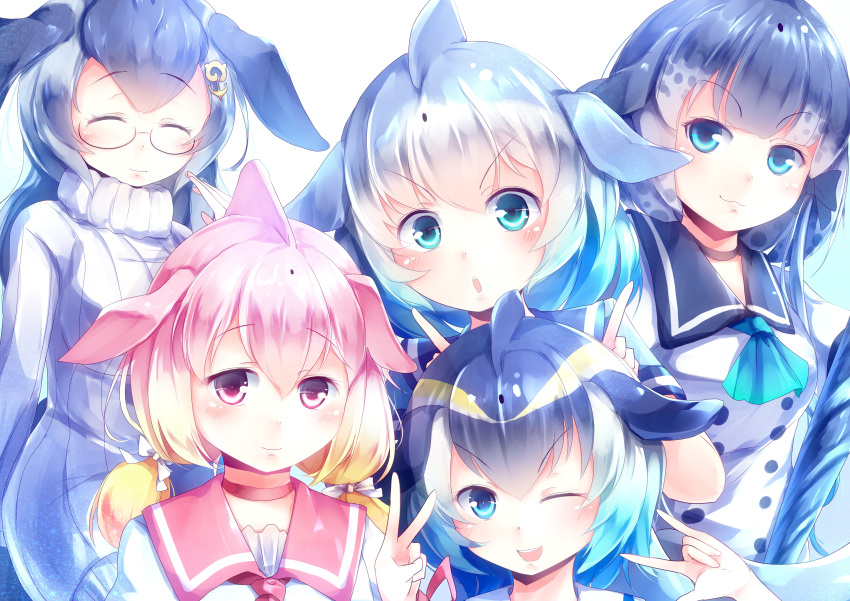 &gt;:o &gt;;d 5girls :3 :o ;d absurdres ascot bangs black-framed_eyewear black_neckwear blonde_hair blue_hair blue_whale_(kemono_friends) chinese_white_dolphin_(kemono_friends) choker closed_eyes closed_mouth common_bottlenose_dolphin_(kemono_friends) common_dolphin_(kemono_friends) dress facing_viewer fins glasses gradient gradient_hair hair_between_eyes hair_ornament hair_ribbon head_fins highres kanzakietc kemono_friends long_hair long_sleeves looking_at_viewer multicolored_hair multiple_girls narwhal_(kemono_friends) one_eye_closed open_mouth pink_choker pink_hair puffy_short_sleeves puffy_sleeves ribbon round_glasses sailor_dress semi-rimless_glasses short_hair short_sleeves simple_background smile sweater sweater_dress tareme teeth tongue tsurime turtleneck turtleneck_sweater two-tone_hair under-rim_glasses v white_background white_dress white_ribbon