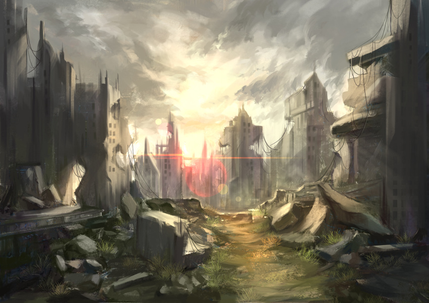 day grey_sky lens_flare no_humans original outdoors rubble ruins scenery timmy_(tztime)