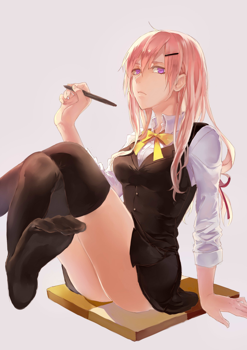 1girl absurdres black_legwear bow bowtie breasts frown grey_background hair_ornament hairclip highres kurenai907 long_hair looking_at_viewer medium_breasts original pink_hair school_uniform simple_background sitting solo thigh-highs violet_eyes yellow_bow yellow_bowtie